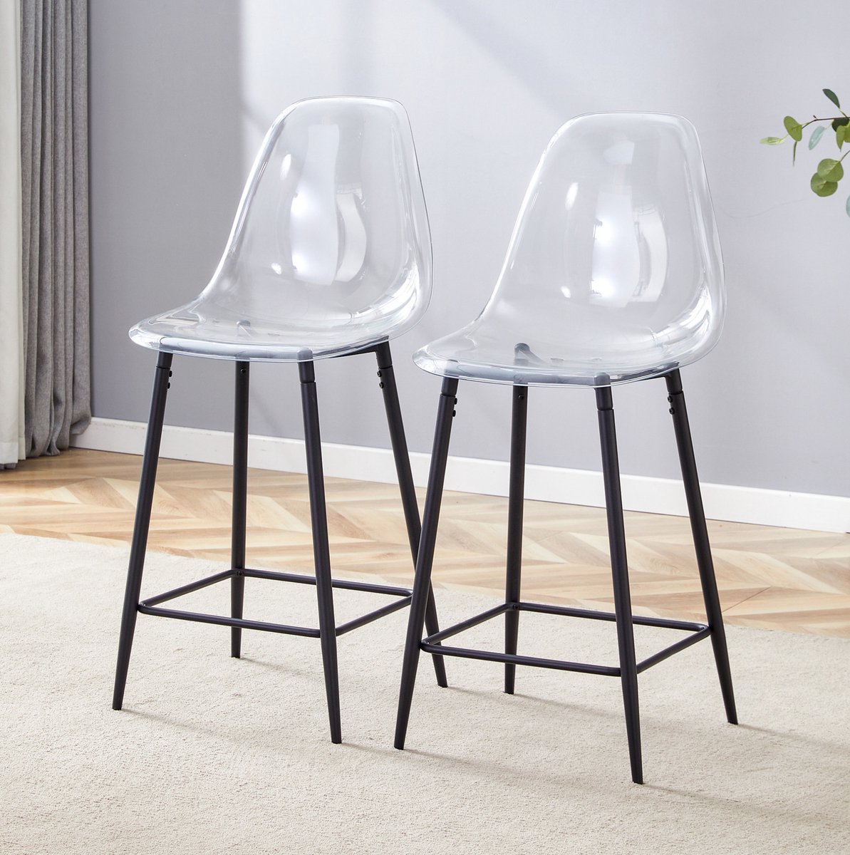 DESMIU Barkruk Set van 2 - Transparante Zitting Met Metalen Onderstel En Rugleuning - Voor Keuken, Bar En Eetkamer - Kunststof - Zwart