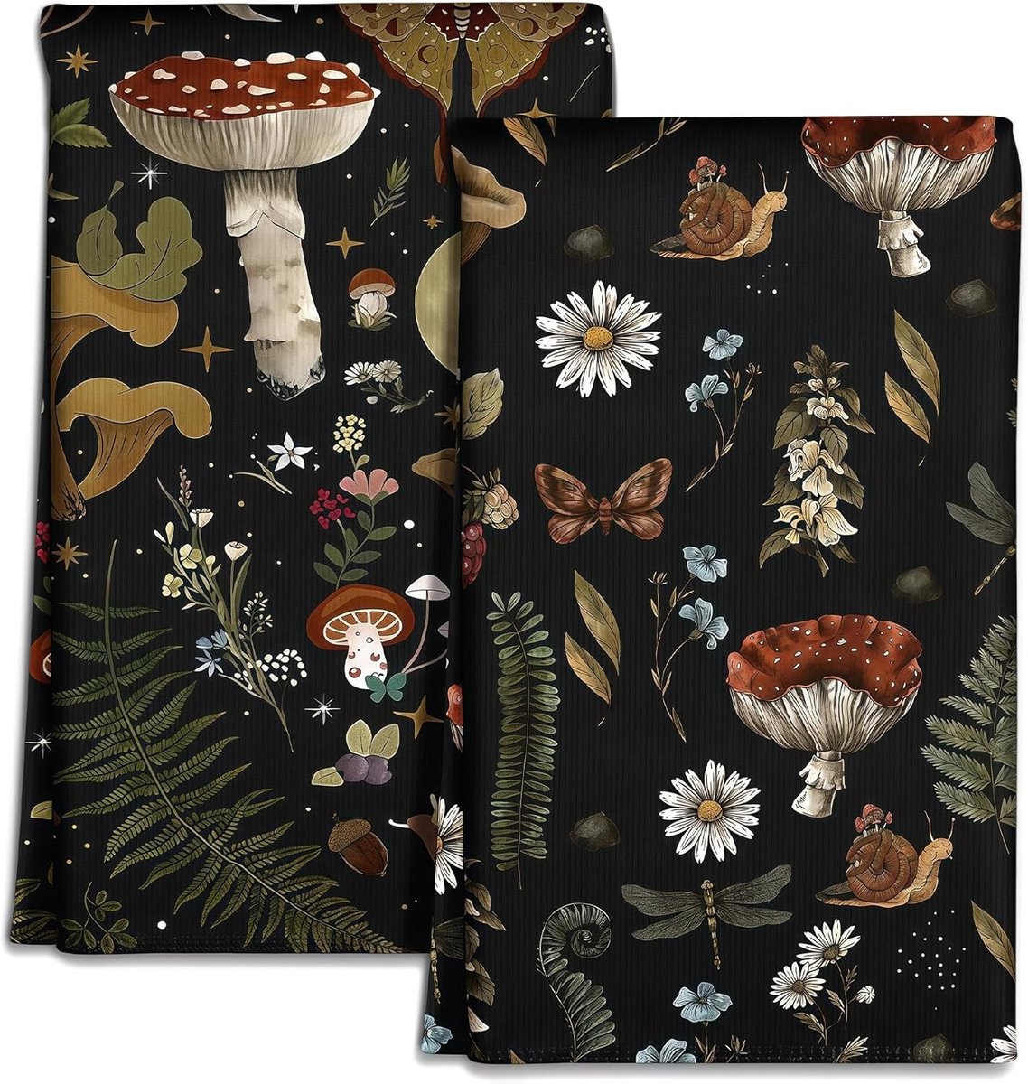 Zachte en absorberende microvezel theedoeken - 2 stuks, 45 x 26 cm, met zwart paddenstoelenmotief, ideaal voor keukenaccessoires en decoratie, perfect voor dagelijks gebruik en schoonmaken