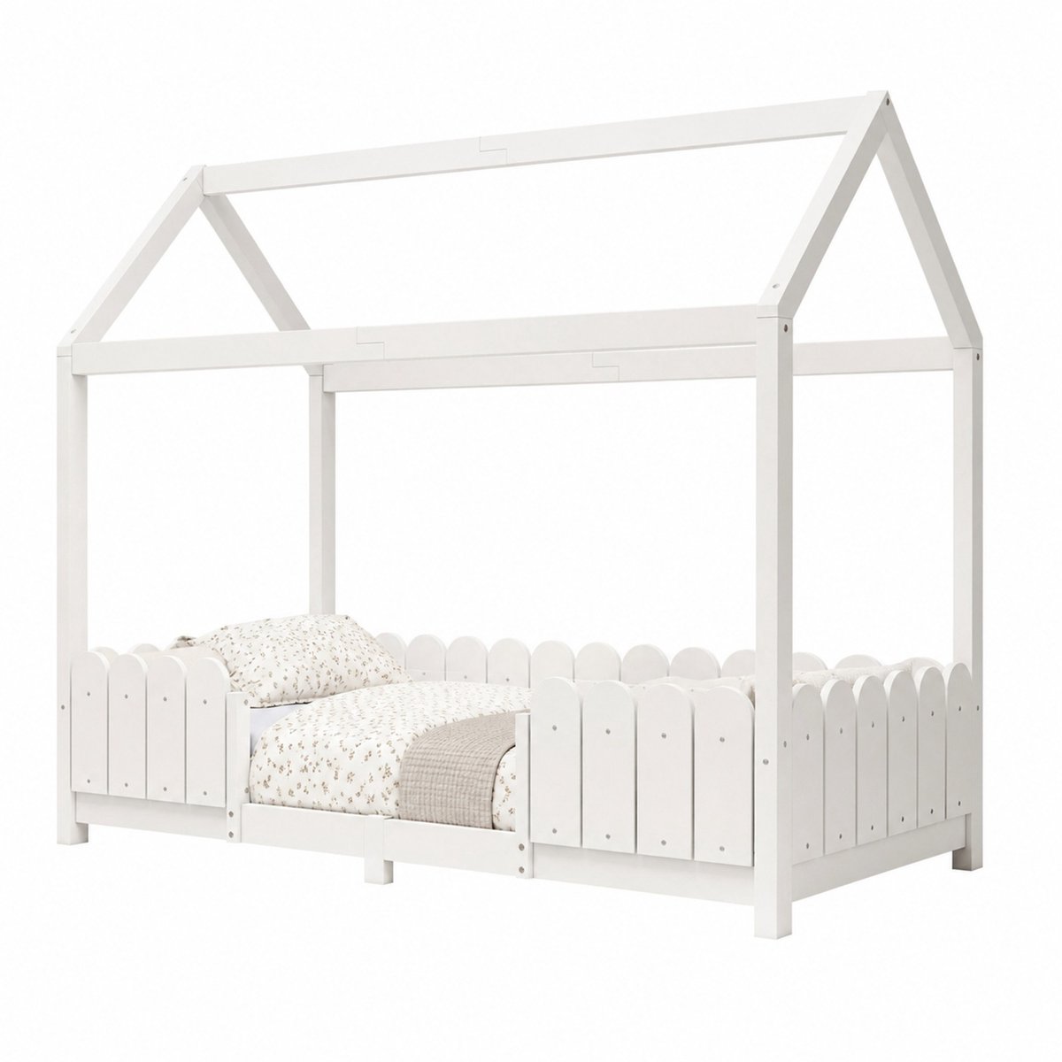 WUVRIE Kajuitbed 90x200 cm met dak, veiligheidshek en lattenbodem voor kinderkamer, wit