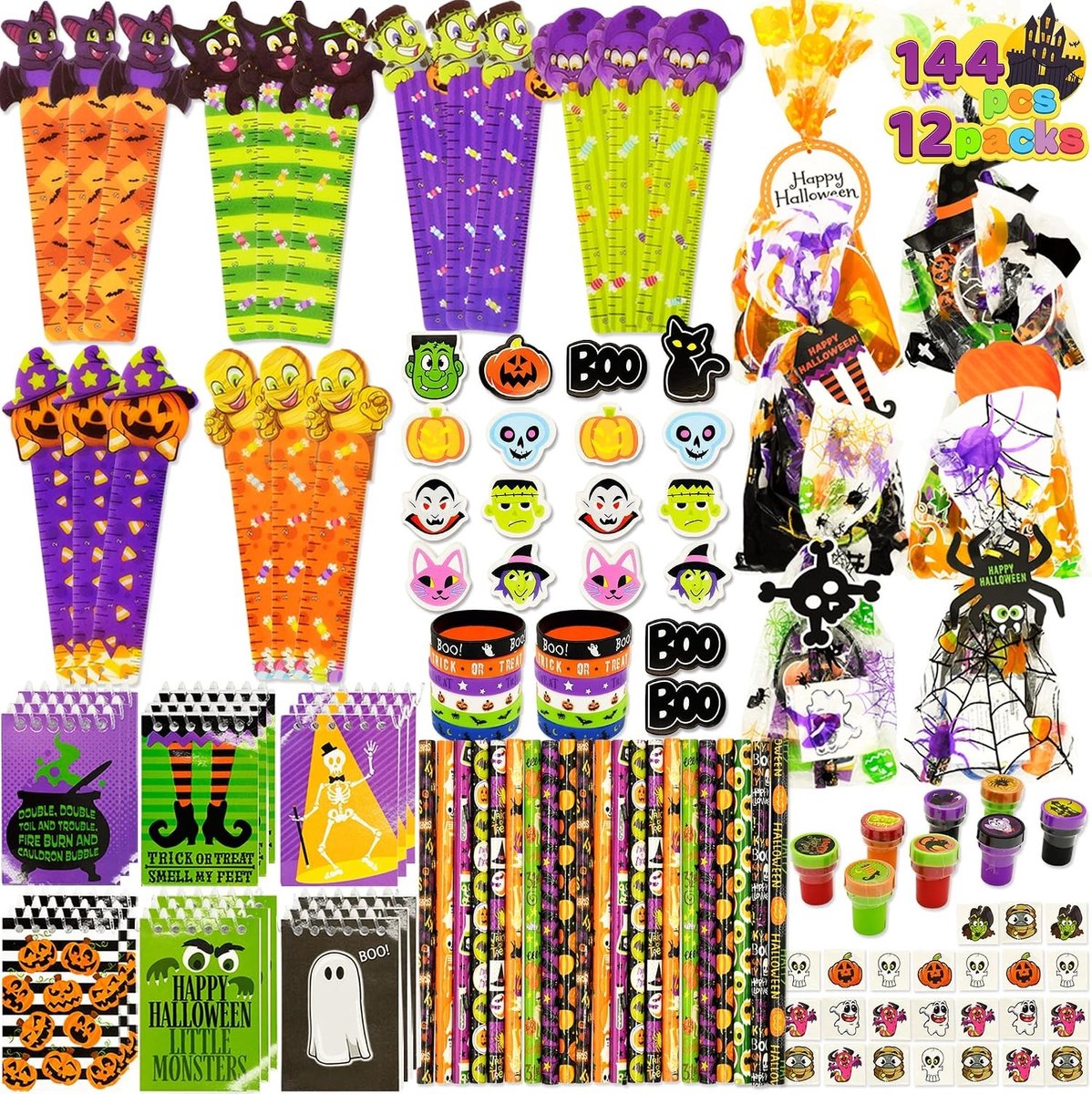 144 Stuks Halloween Feestartikelen Set met 12 Voorgevulde Snoepzakken, Potloden, Linialen en Stickers voor een Spookachtige Viering
