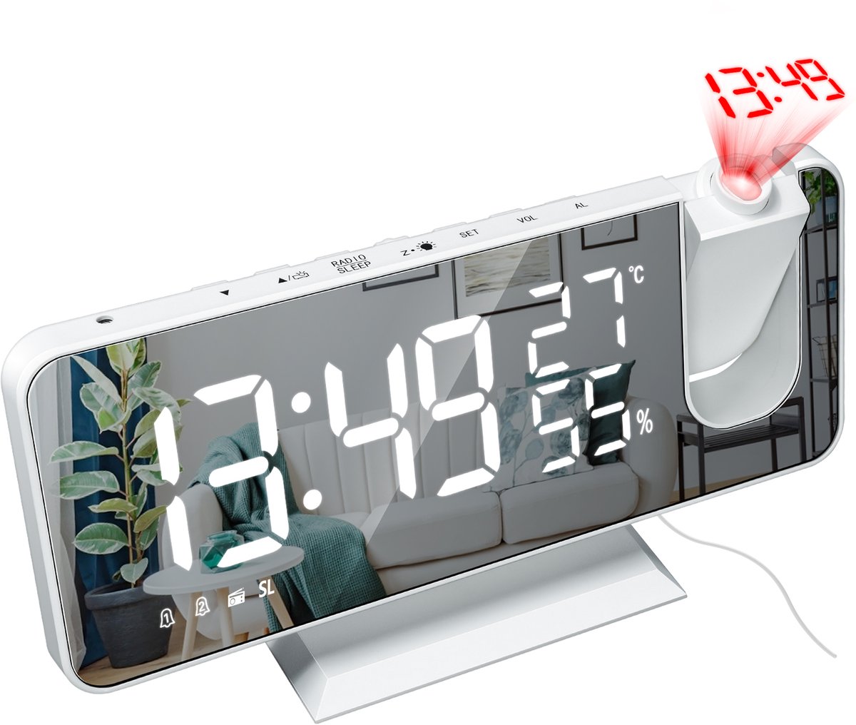 Digitale wekker met FM-radio en dubbel alarm – 18x10x6 cm – LED-display met temperatuur en luchtvochtigheid – projectie tot 5 meter – Wit