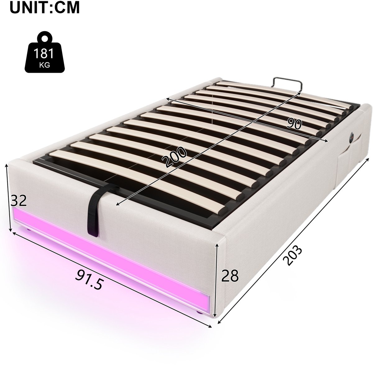 WUVRIE Gestoffeerd bed 90x200 cm met LED, USB/Type-C en hydraulische opbergruimte, beige