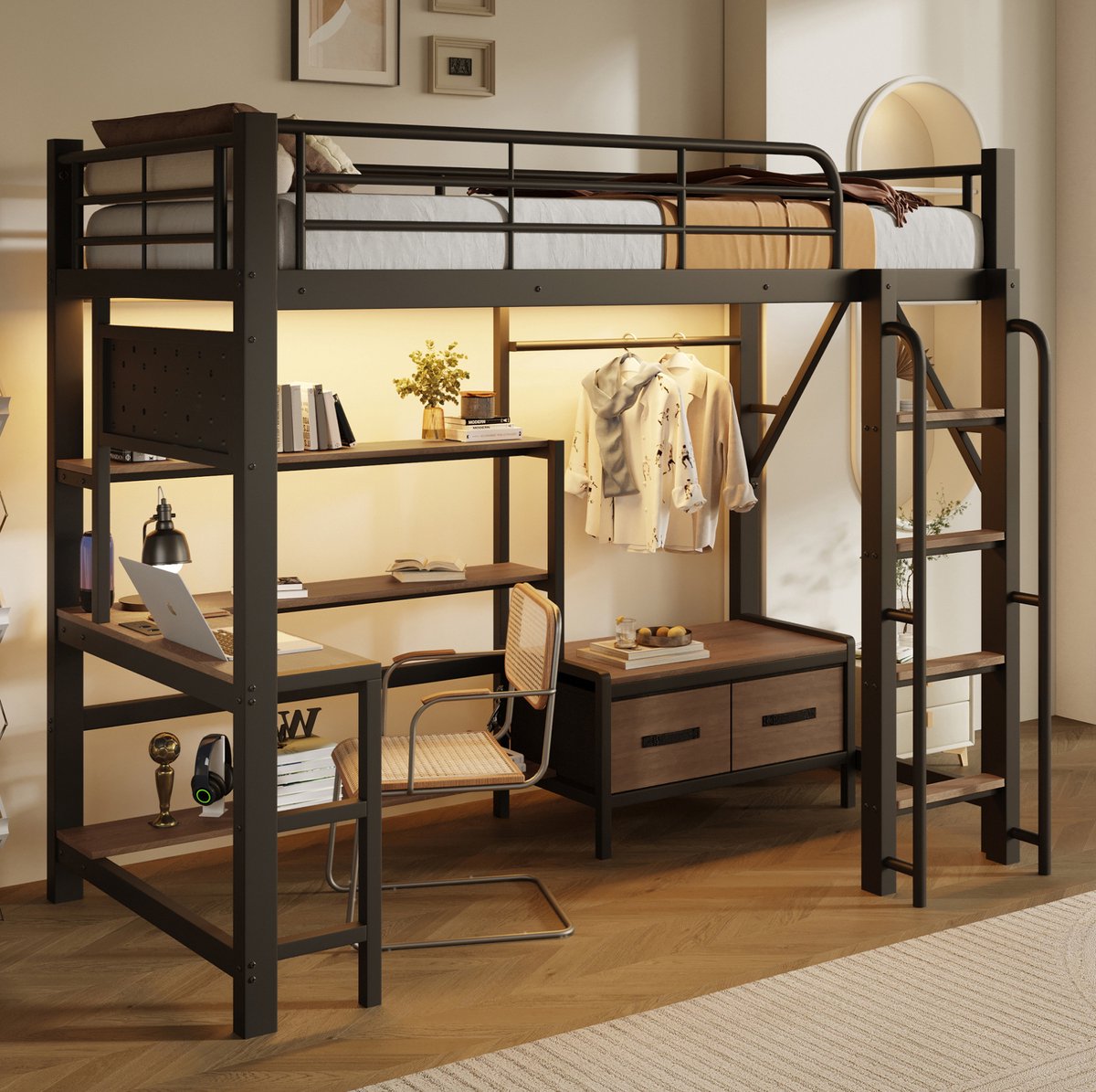 Wishdor Hoogslaper 90 x 200 cm - Bureau en opbergruimte - Met ledverlichting en usb-aansluiting - Metaal en mdf - Kinderkamer slaapkamer - Zwart - 204 x 108 x 170,5 cm