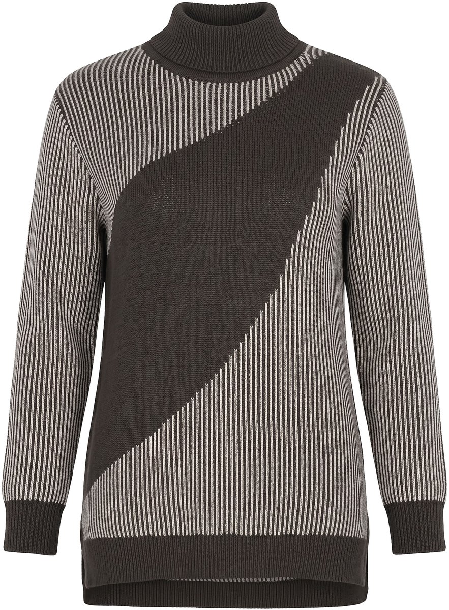 Ulla Popken - Dames - Pullover geribbeld breisel colkraag lange mouwen - Zwartbruin - Maat 50+