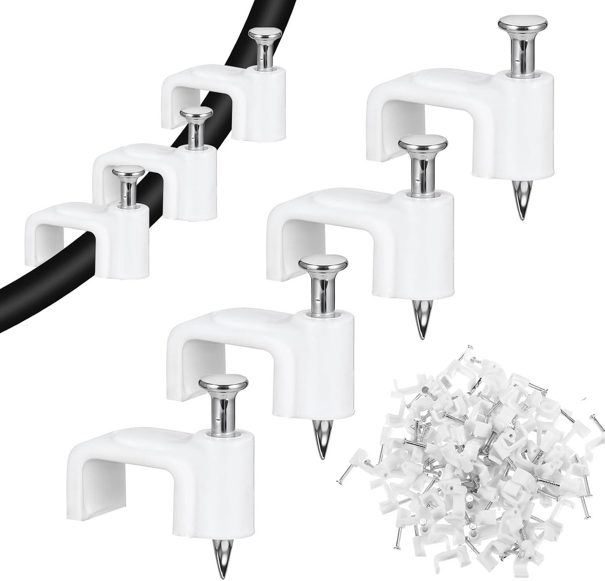 100 Stuks Witte Wandclips 10mm met Stalen Spijkers voor Ethernetkabels en Kabelbeheer