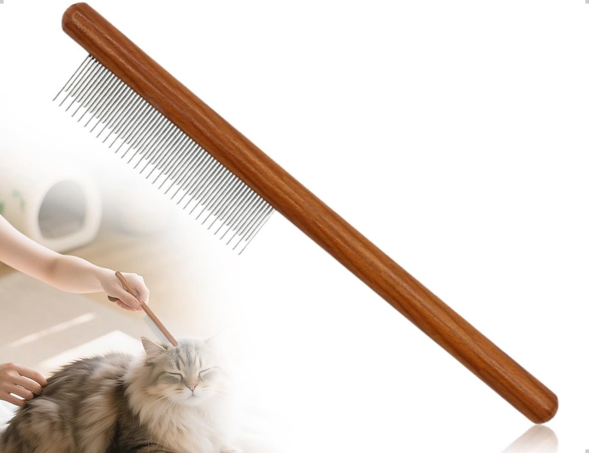 Haarverzorgingskam voor katten met houten handvat, ideaal voor lang en kort haar, verwijdert klitten en losse haren effectief