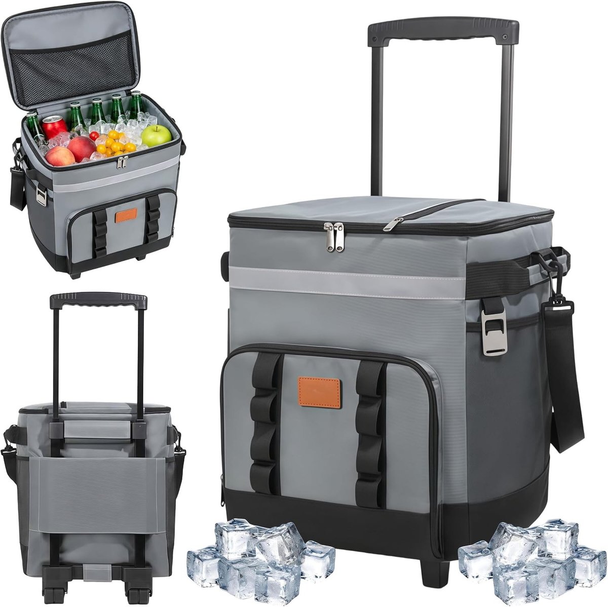 Geïsoleerde Koeltas met Wielen - Grijs - 35 Liter - Waterdichte Opvouwbare Picknicktas - Voor Kamperen en Barbecues