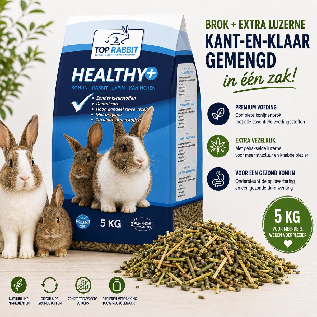 Top Rabbit Healthy+ Konijnenvoer met Extra Luzerne – Premium Konijnenbrokken + Ruwvoer – Vezelrijk Konijnenvoer – 5 kg