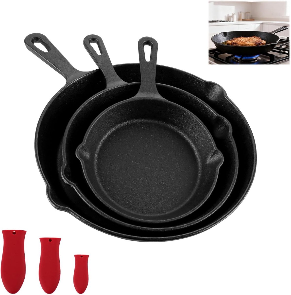 Set van 3 Gietijzeren Pannen, 16, 20 en 25 cm Koekenpannen met Siliconen Handvat voor Bakken en Koken