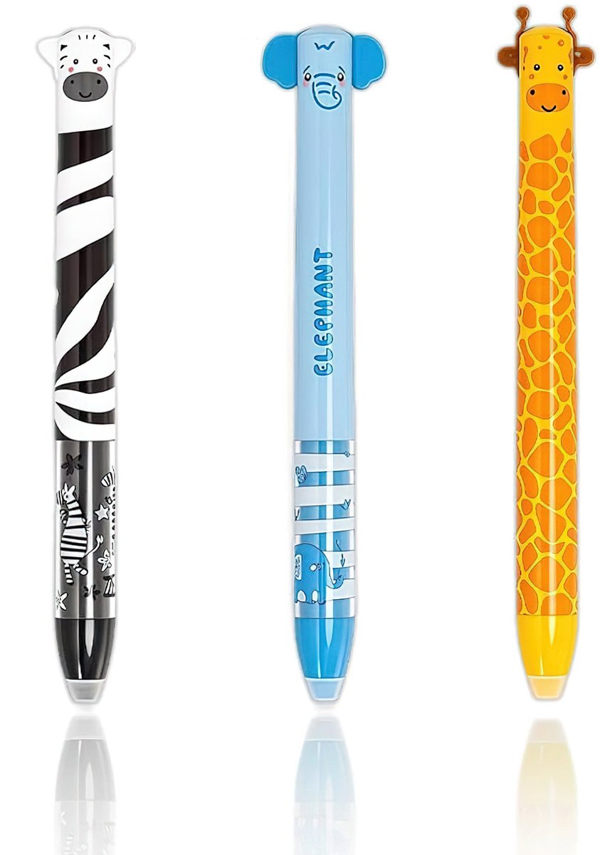 Ainy Kawaii Dieren 2in1 uitwisbare pen set | 3 uitgumbare pennen voor etui , pennenzak of pennenbak | Blauw en Rood Inkt | Olifant, Giraffe en Zebra design | Uitgumbare gelpennen schrijfwarenset voor kinderen en volwassenen