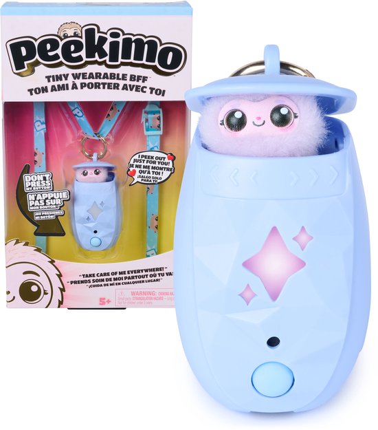 Blauwe Peekimo in verpakking en uit de verpakking, met een gedetailleerde capsule en ketting.