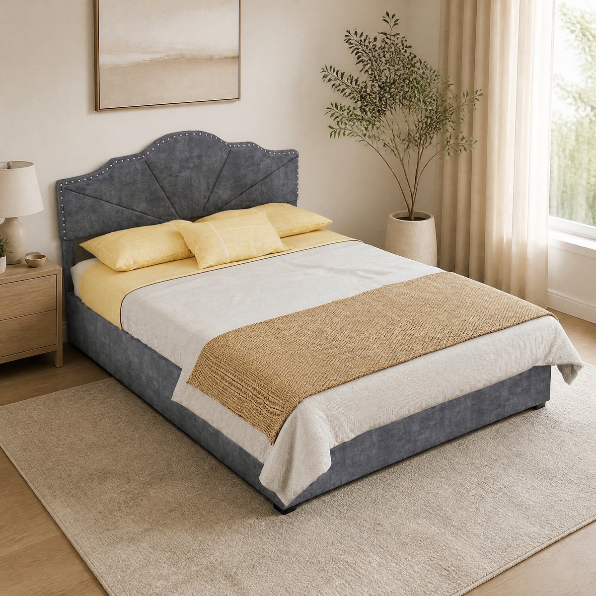 COVREO Gestoffeerd bedframe met opbergruimte – 140x200 cm – Tweepersoonsbed met lattenbodem – Geometrisch hoofdbord – Grijs - zonder matras