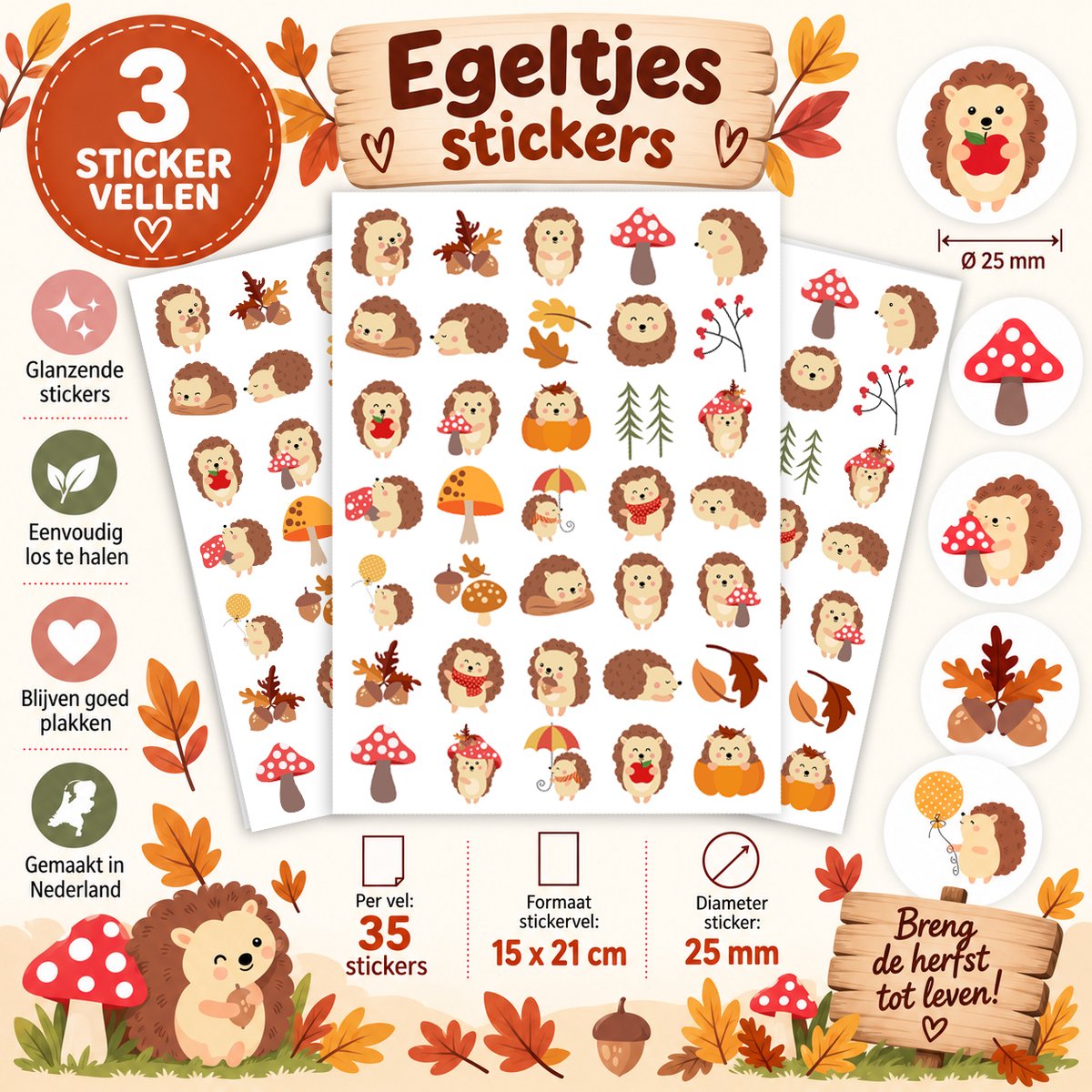 Egeltjes Stickers - 3 Stickervellen - Stickers Herfst - Knutselen Herfst — afbeelding 5