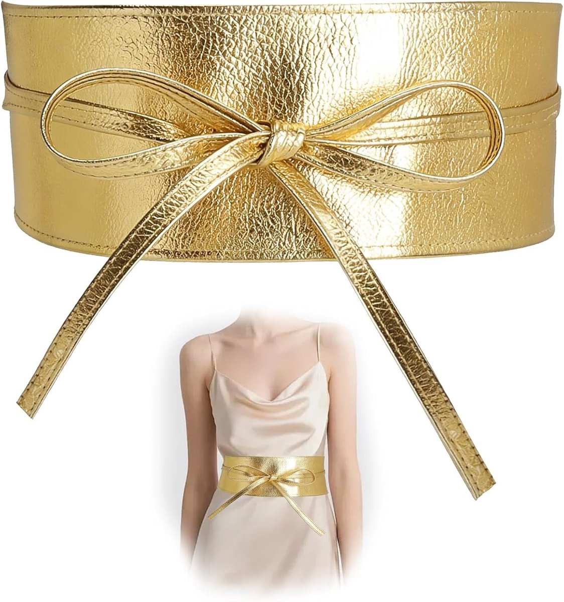 Elegante brede gouden riem van faux leer met veters, perfect voor dagelijks gebruik en speciale gelegenheden, accentueert de taille en voegt stijl toe