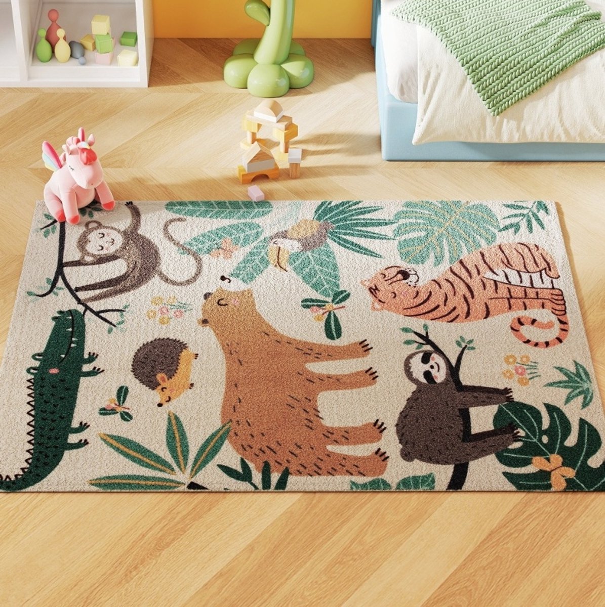 MODFU - Vloerkleed - Junglemotief - Antislip - Polyester - Crèmewit/Multicolor - 160 X 120 Cm