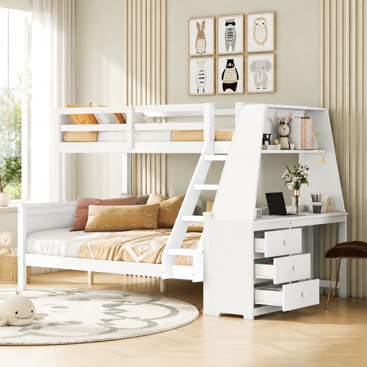 COVREO Stapelbed met bureau – 243x151x154 cm – Kinderbed met boekenkast en 3 lades – voor kinderen – Wit - zonder matras