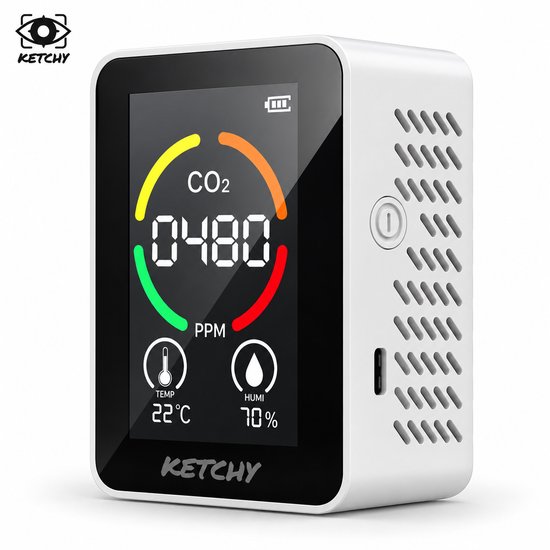 Ketchy CO2 Meter – Luchtkwaliteitsmeter 3-in-1 – CO2, Temperatuur & Luchtvochtigheid – Met Alarm – Voor Thuis & Kantoor