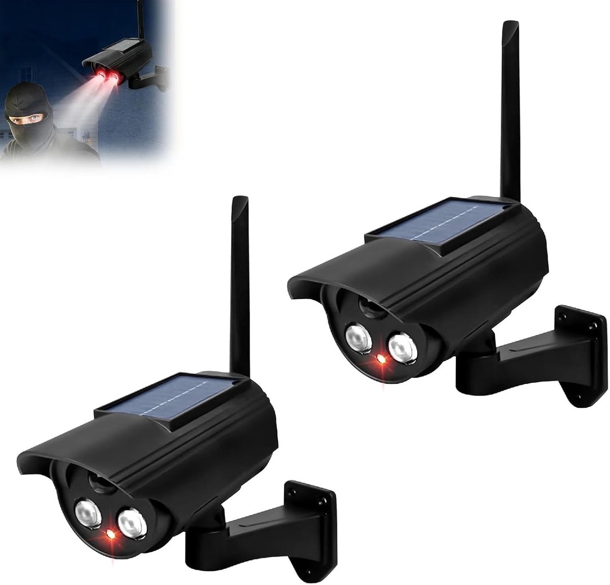 Set van 2 nepcamera's voor buiten, op zonne-energie met knipperende rode leds, beveiligingscamera's voor binnen en buiten, ideaal voor extra beveiliging