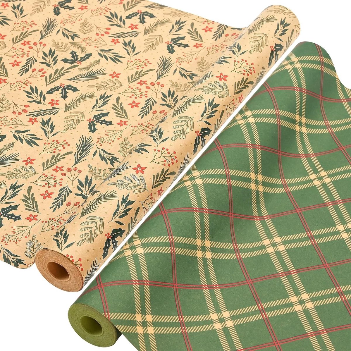 2 Rollen Kerst Cadeau Inpakpapier, 43cm x 15m Recyclebaar Kraftpapier voor Kerstcadeaus, Verjaardagen en Feestdecoraties