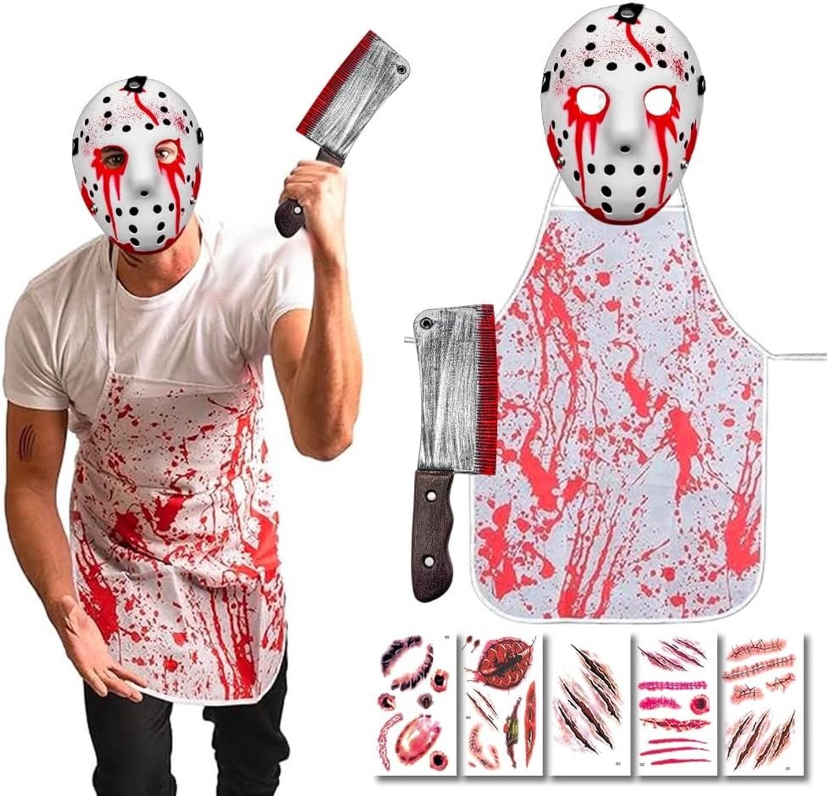 Halloween Kostuum voor Butchers met Bloedige Schort, Horror Masker, en Accessoires voor een Griezelige Look