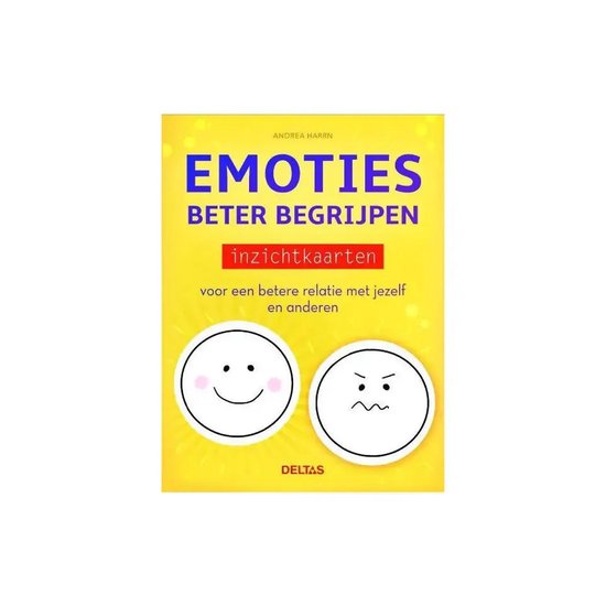 Couverture jaune avec le titre 'EMOTIES BETER BEGRIJPEN inzichtkaarten' et deux cercles avec des visages : un sourire joyeux et un froncement de colère.