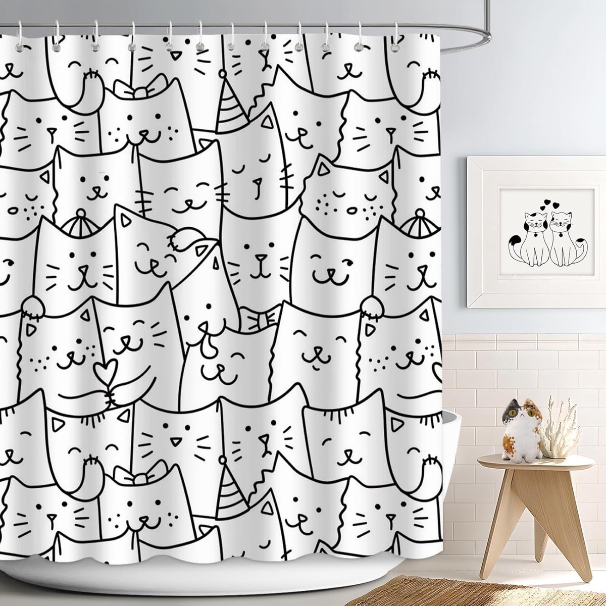 Schattige Kat Douchgordijn 180x180 cm Zwart Wit Polyester Badkamer Decor met 12 Haken, Leuke Badkuip Accessoires voor een Speelse Sfeer