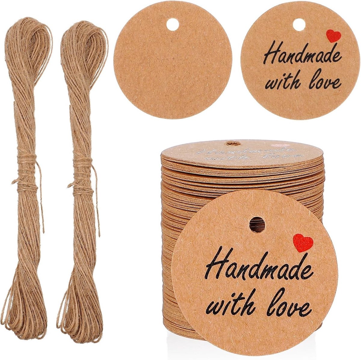 200pcs 3cm Kraft Papieren Cadeautags, Handgemaakt met Liefde, Perfect voor Feestjes en Geschenken