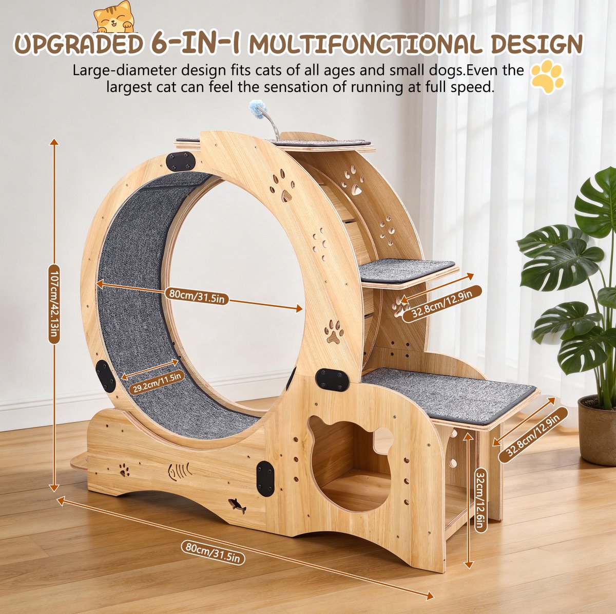 FloraGrace Katten Loopwiel – 6 In 1 Multifunctioneel – 107 Cm X 80 Cm – Hout – Natural Wood – Binnenactiviteit En Rustig Spel