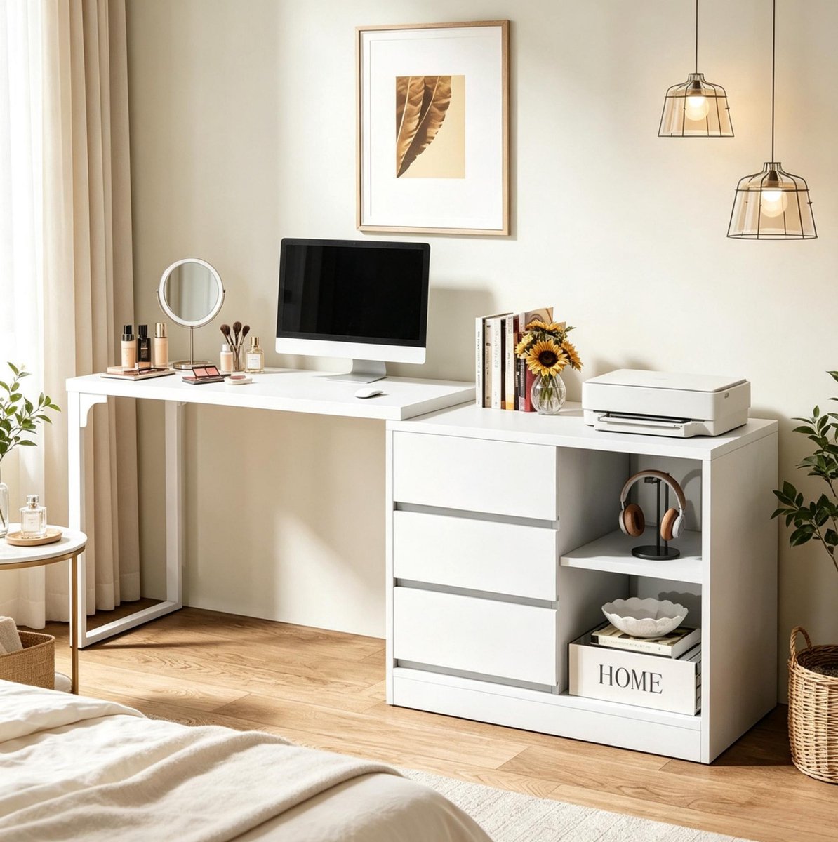 REDOM - Bureau - L-vormig ontwerp - Uitschuifbaar tafelblad - Met opbergruimte - Modern - Home office en computergebruik - MDF en metaal - Wit - 112,5 x 51,5 x 19,5 cm