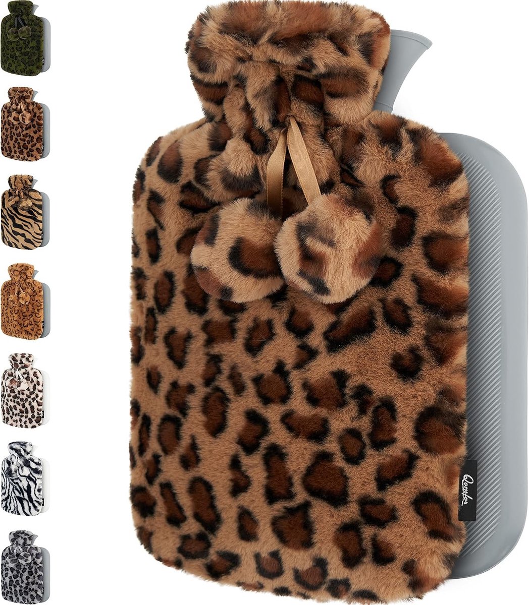 Warmteknuffel - Bruine Luipaardprint - 1,8 L - Warmwaterkruik met Zachte Pluche Hoes - Voor Pijnverlichting van Rug en Nek
