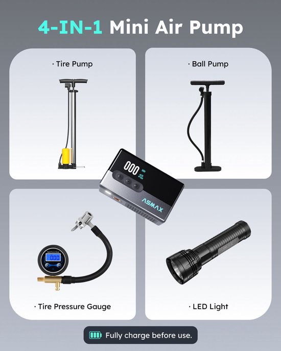 ASMAX T30 Elektrische Fietspomp - Mini Compressor 120 PSI - Draadloze Bandenpomp met Digitale Drukmeter & Auto Stop - USB-C - 123 g — afbeelding 3