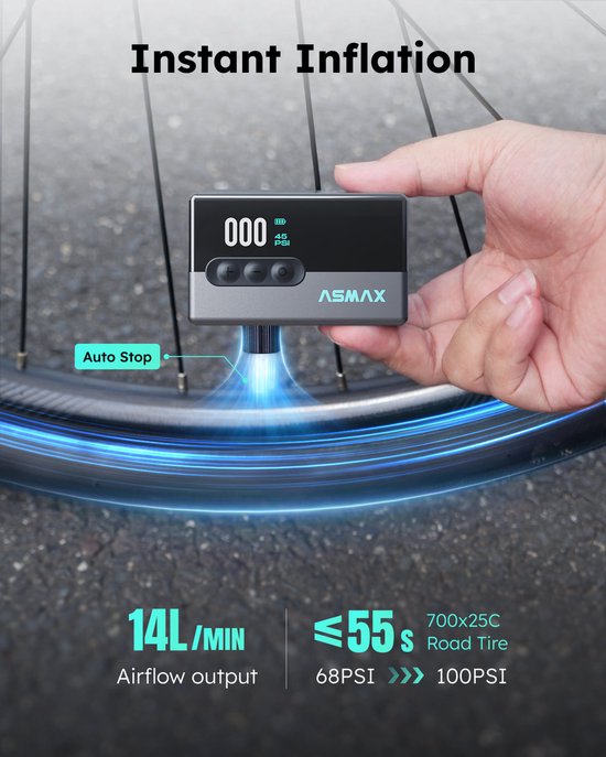 ASMAX T30 Elektrische Fietspomp - Mini Compressor 120 PSI - Draadloze Bandenpomp met Digitale Drukmeter & Auto Stop - USB-C - 123 g — afbeelding 5