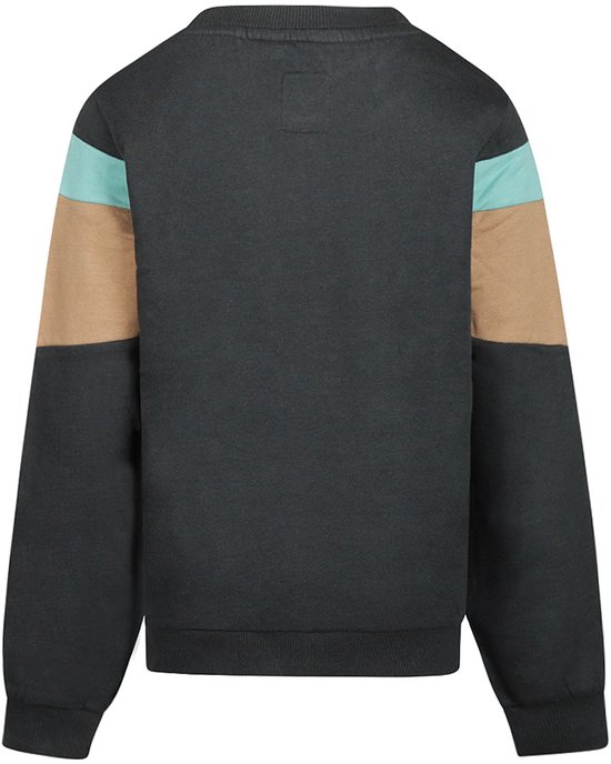 Achterkant van een donkergrijze sweater met mintgroene en beige details op de bovenmouwen.