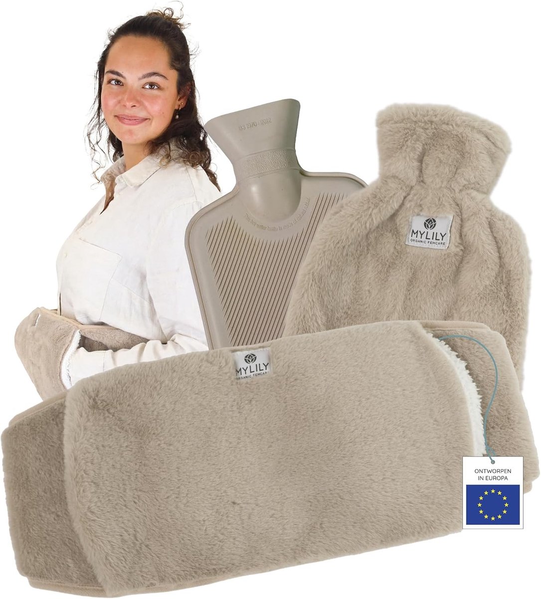 Warmteknuffel - Wit - Warmwaterkruik met Donzige Hoes - Rubberen Warmtekruikriem voor Menstruatie en Rug