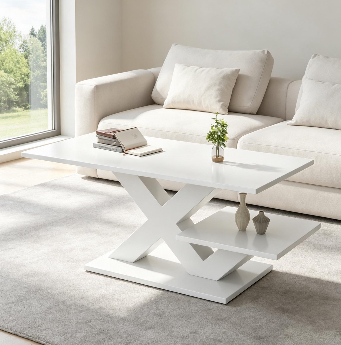 MODENUIT Salontafel - Hoogglans Rechthoek Met X-Poot En Dubbel Blad - Woonkamer - MDF - Wit - 100x48x45 Cm