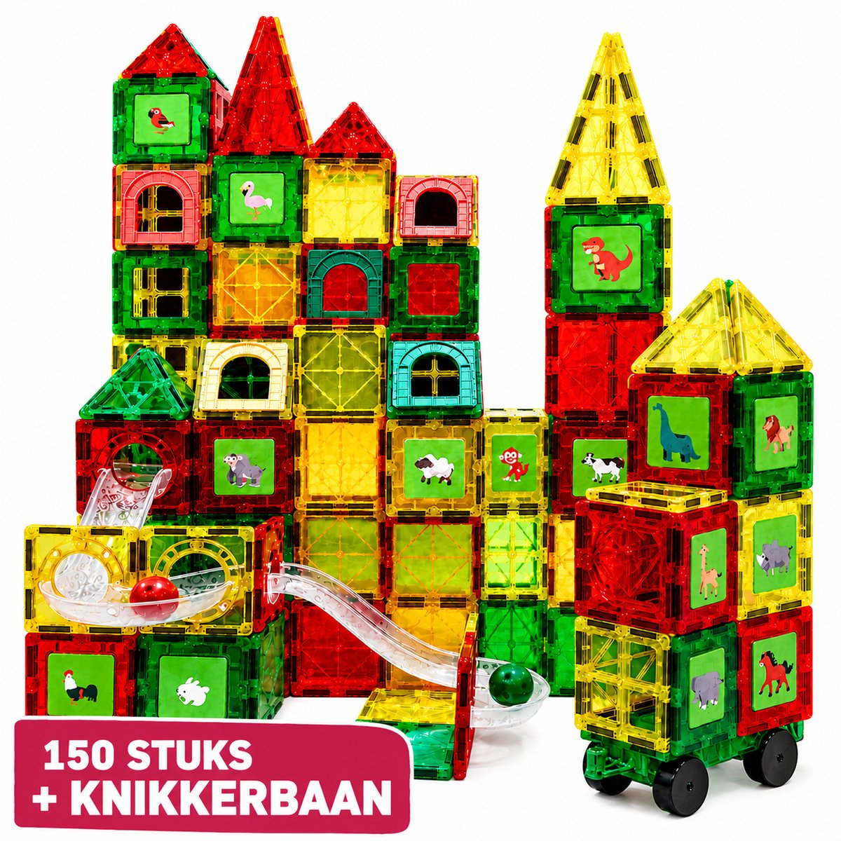 By Baboo® Magnetic Tiles 150 Stuks + Knikkerbaan + 15 Dieren + Bouwclub toegang - Magnetische Tegels Blokken Speelgoed Cadeau Meisjes Jongens Boerderij - Montessori Educatief Kinderspeelgoed 3 Jaar, 4 jaar, 5 jaar, 6 jaar, 7 jaar, 8 jaar, 9 jaar
