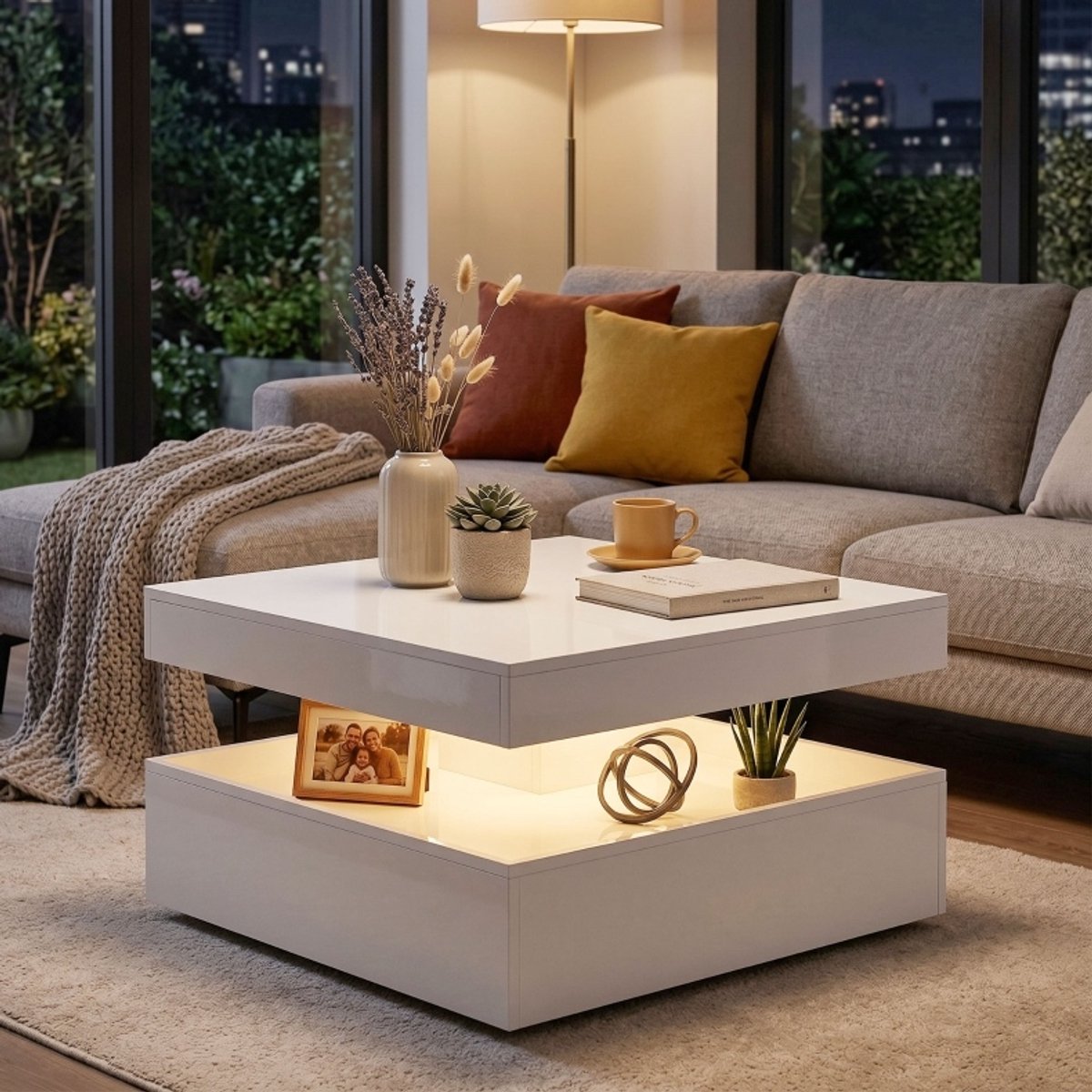 MODENUIT Salontafel - LED En Open Opbergruimte - Voor Woonkamer En Gamingruimte - Hout - Wit - 78x78x40 Cm