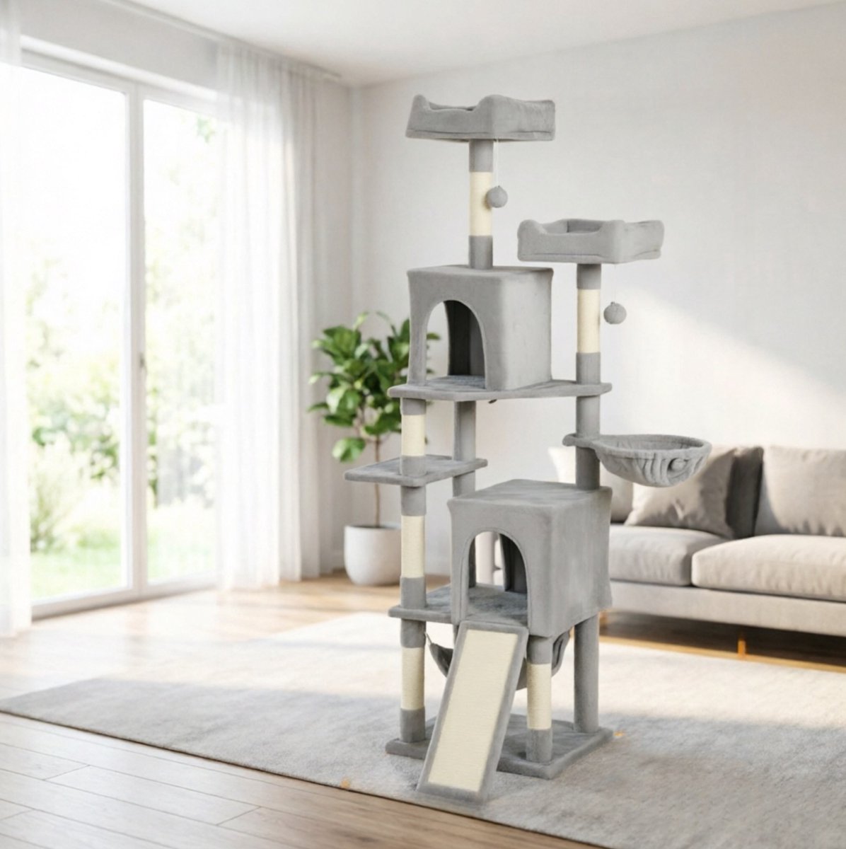 REDOM - Krabpaal - 177 cm hoog - met 3 platforms, 2 nissen, 2 bedden en 2 hangmatten - sisal en pluche - Grijs - 48 x 40 x 177 cm