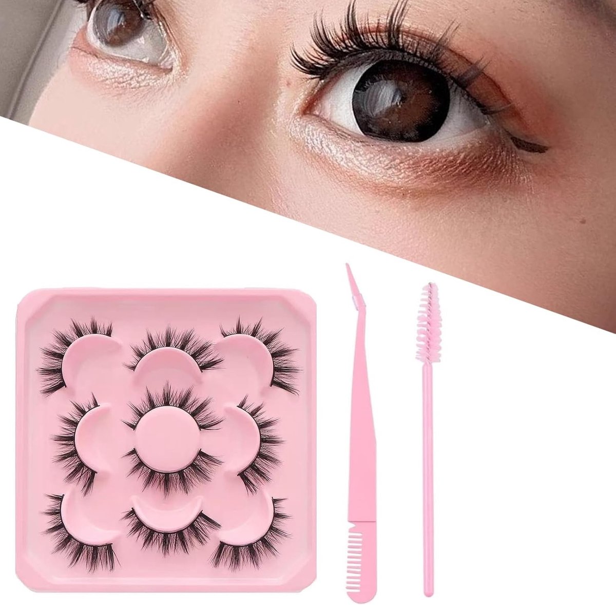 Natuurlijke Wimpers, Lange Dikke Faux Mink Wimpers voor Cosplay - Inclusief Wimpertangen en Roze Mascara, 5 Paar voor een Dramatische Look