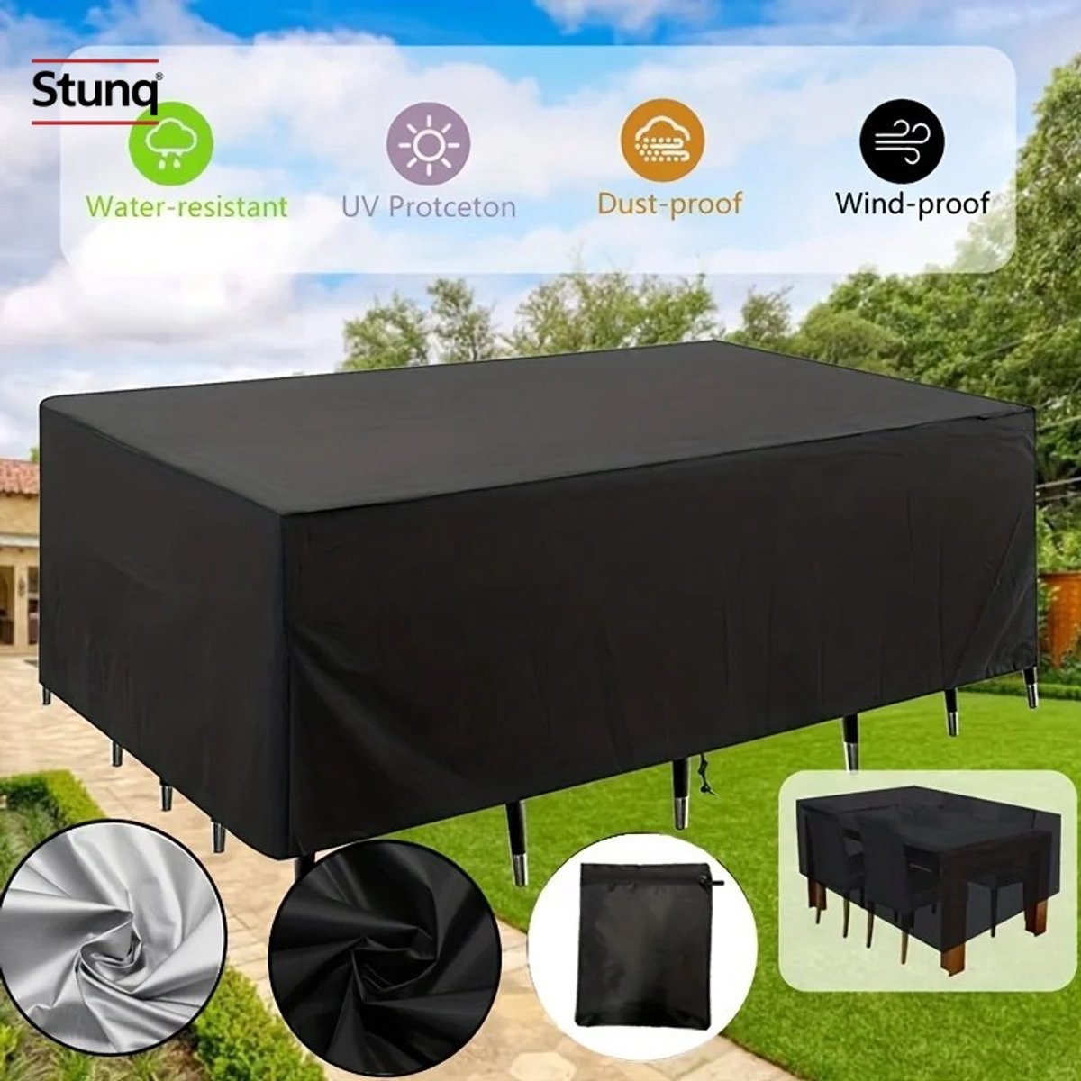 Stunq Waterdichte Tuintafelhoes 120x120x74 cm met Trekkoord en Opbergtas Zwart