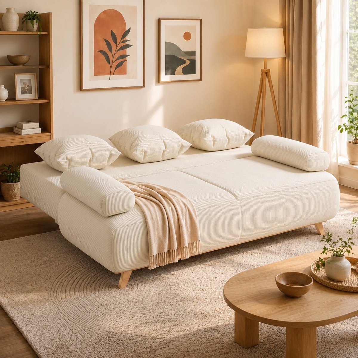REDOM - Slaapbank - Verstelbare rugleuning - Slaapfunctie - Verborgen opbergruimte - Cordbekleding - Woonkamer - Beige - 188 cm