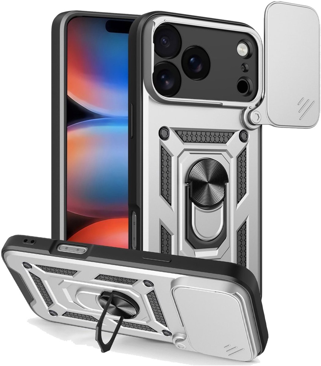 MobyDefend Hoesje - Geschikt voor iPhone 18 Pro Max - Pantsercase Met Draaibare Ring - Zilvergrijs