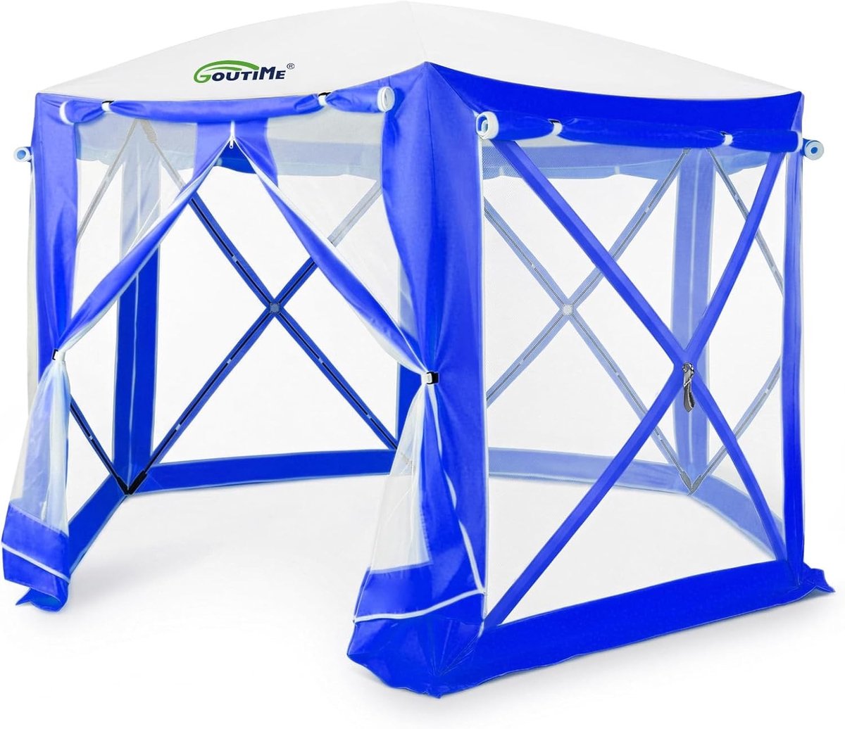 Opklapbare Zeshoekige Tuintent 3x3 m met Snelle Montage, Waterdicht en UV-Bescherming (Blauw)