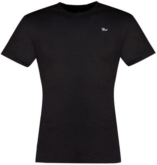 Zwart T-shirt met korte mouwen en logo op de borst.