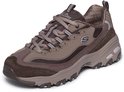 Bruine Skechers D'Lites sneakers met taupe suède en mesh accenten, vetersluiting en een dikke witte zool.