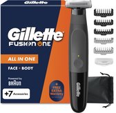 Gillette Fusion One scheerapparaat voor gezicht en lichaam met 7 accessoires, inclusief opzetkammen en opbergzakje.
