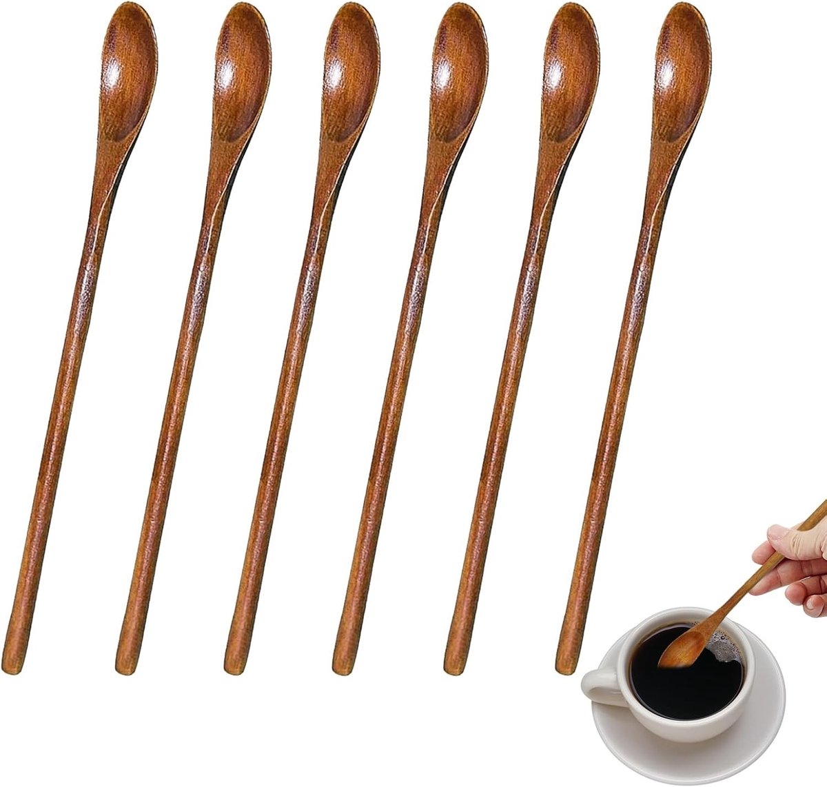 Kleine Houten Lepels Set van 6 - Natuurlijke Lange Roerlepels voor Honing, Koffie en Thee