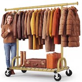 HOKEEPER Gouden Zwaar Kledingrek met Planken op Wielen – Uitschuifbaar 129-189 cm, Hoogte verstelbaar 167-180 cm, 238 kg draagvermogen, Gouden afwerking, 4 wielen met rem
