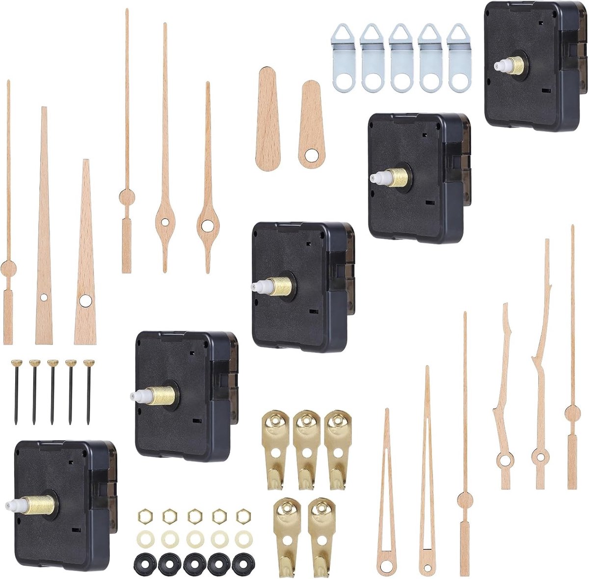 Set van 5 stille quartz klokmechanismen met houten wijzers voor wandklokken – 13/16/18/20/22 mm as – geschikt voor klokkenplaten van 1–11 mm dik, batterijen niet inbegrepen