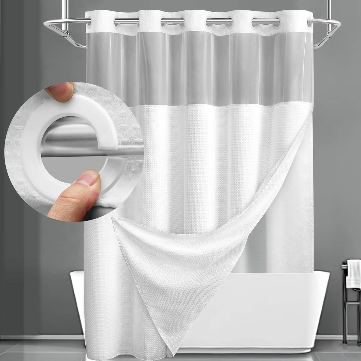 COVREO Hookless douchegordijn met snap-in liner – Waffle polyester met clear window – Voor badkamer en douche – Wit